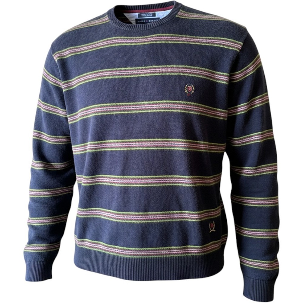 Tommy Hilfiger Mens XL Navy Blue Striped Cotton Lambswool Crewneck Sweater Crest